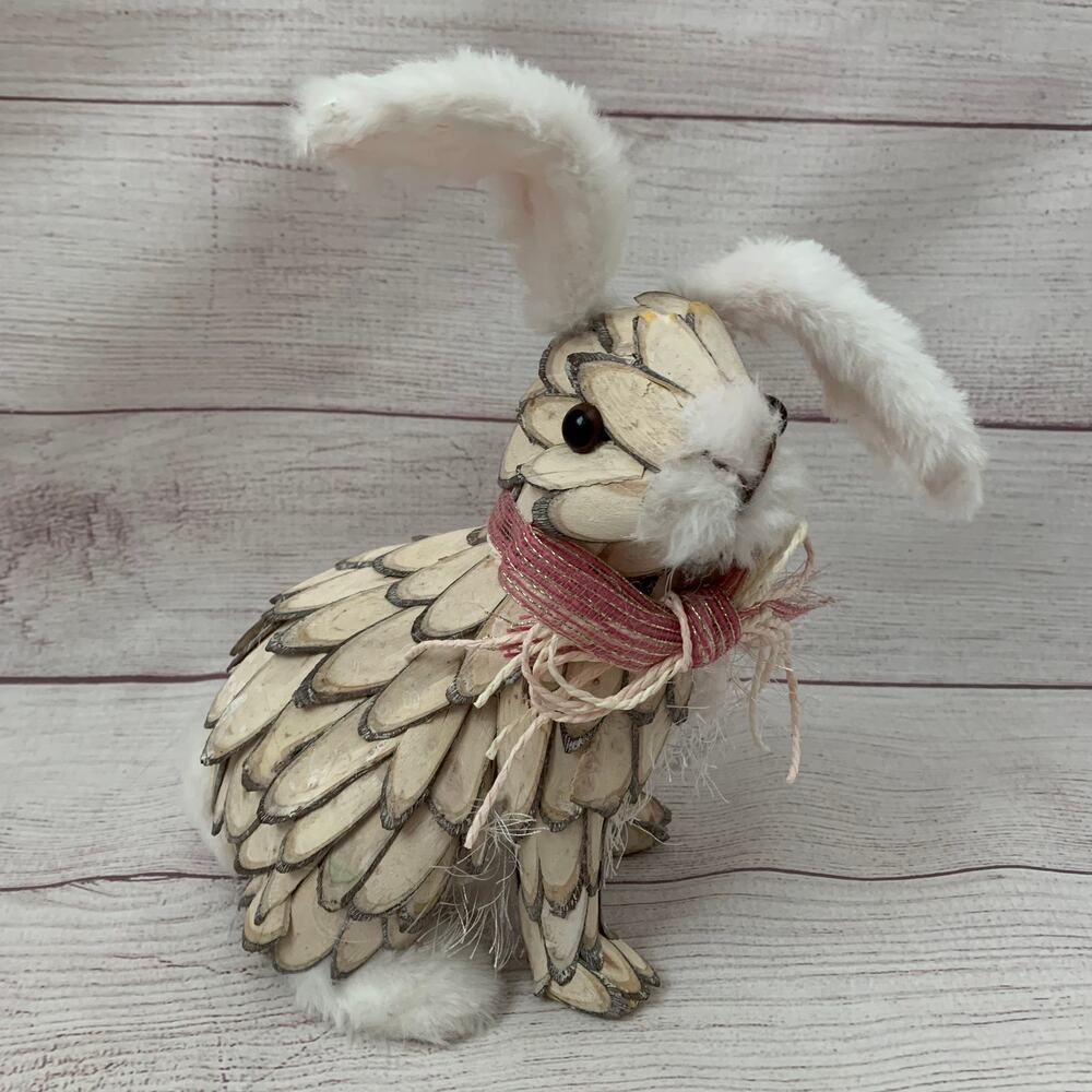 Shabby Chic Wood Piece Rabbit with Faux Fur Detail and Wire Moveable Ears Easter